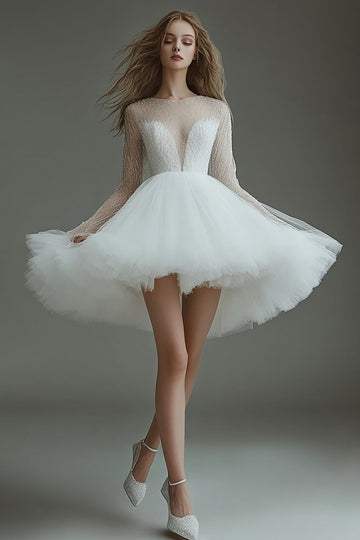 Sparkly White Illusion Neck A Line Long Sleeves Short Graduation Dress